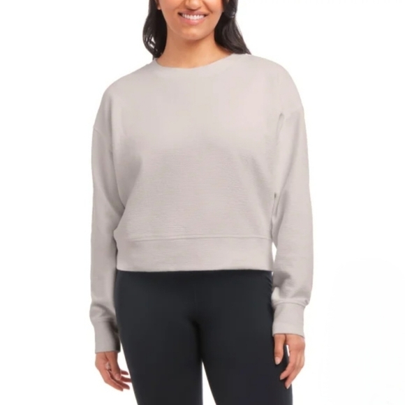 New! Danskin Cropped Crew Sweatshirt Beige Long Sleeved Women's XS Jacquard Top - Picture 7 of 16